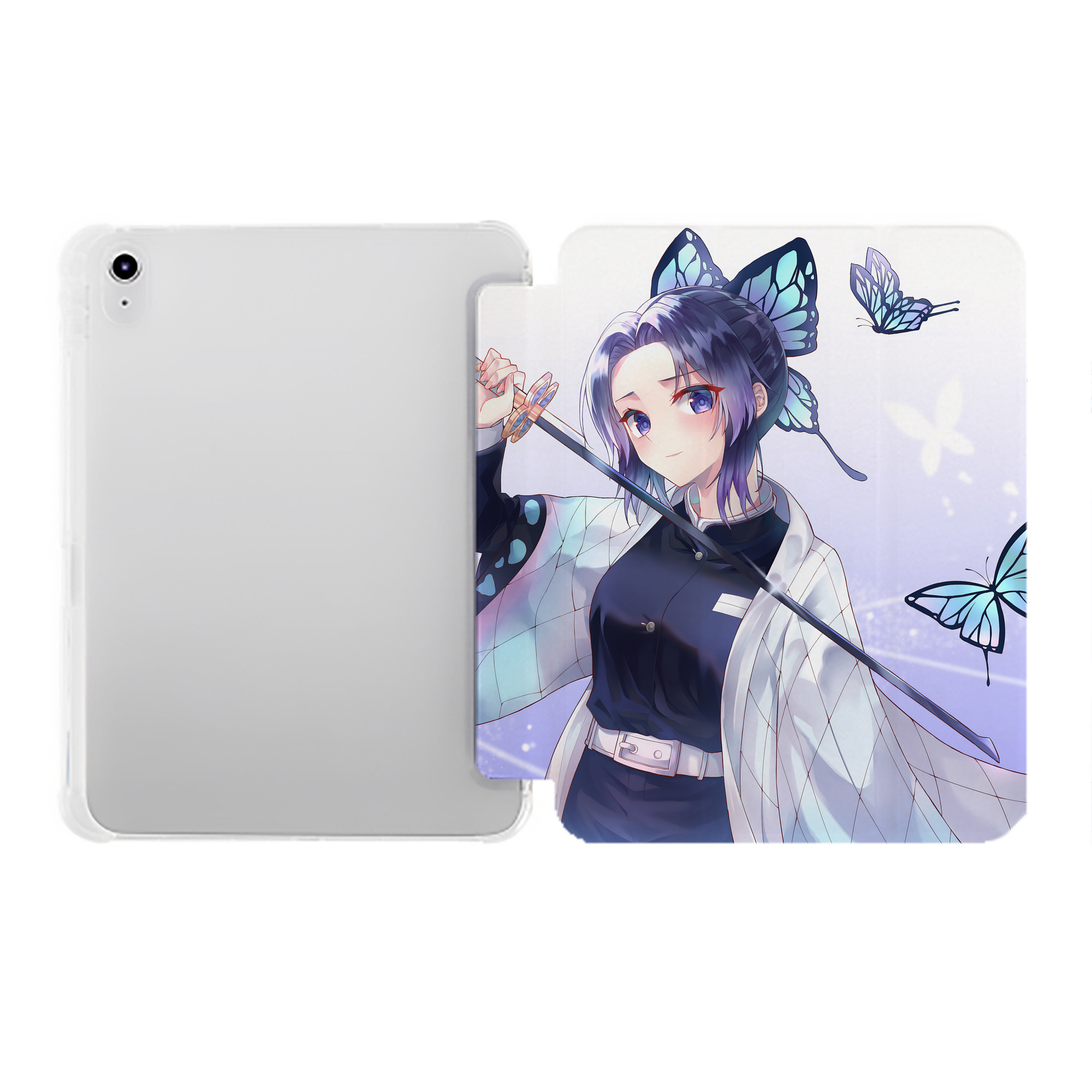 （画像用） 鬼滅の刃（きめつのやいば）蟲柱-胡蝶 しのぶ／こちょう しのぶ Kochou Shinobu IPad ケース ペン収納付き 三つ折りスタンド PUレザー×シリコン 対応機種9.5/10.5/10.9インチ
